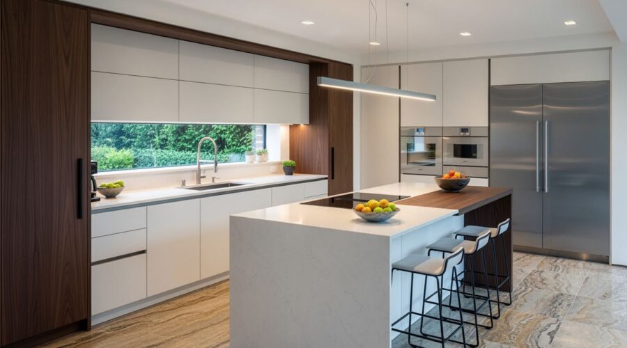 modern kitchen with natural stone flooring - stone kitchen flooring