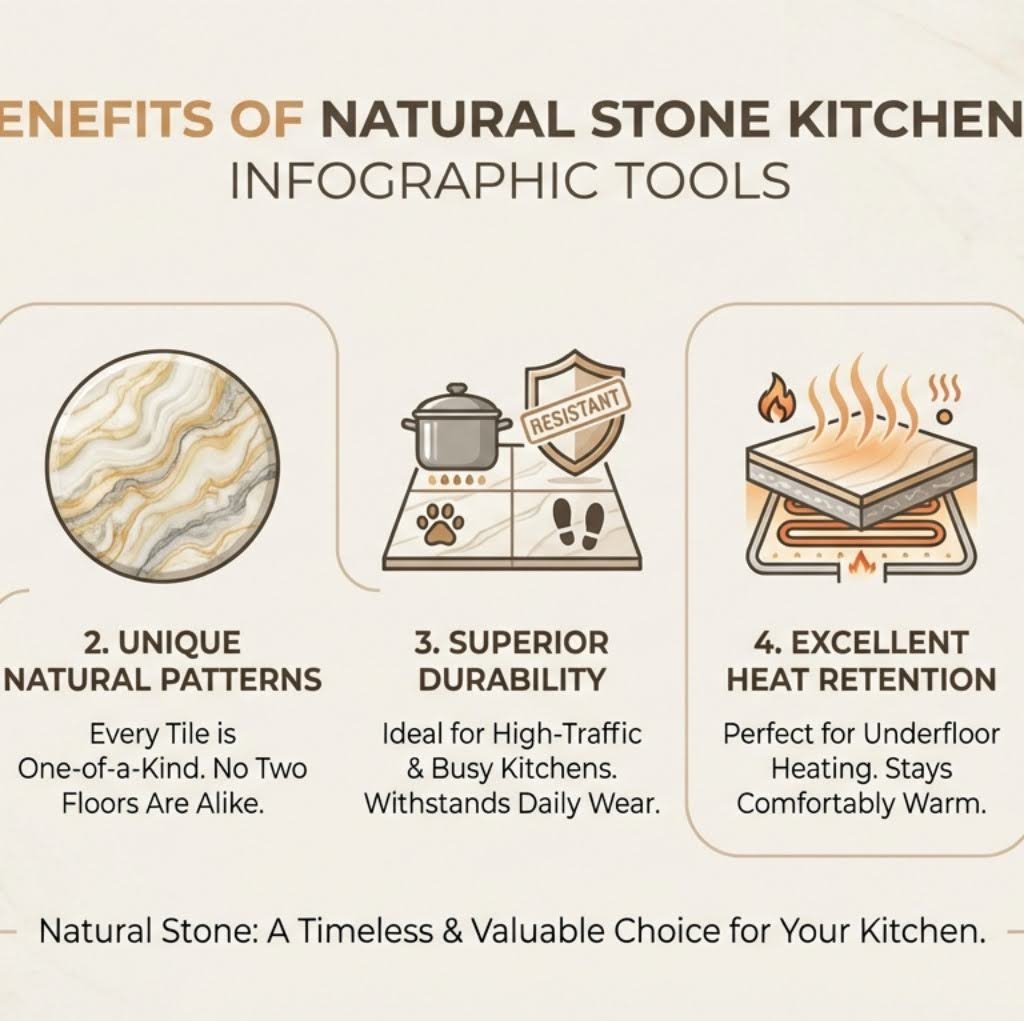 infographic showing five key benefits of natural stone kitchen flooring: exceptional longevity with decades of lifespan, unique natural patterns and aesthetics that are one-of-a-kind, superior durability for high-traffic areas, excellent heat retention for underfloor heating systems, and significant added value to home resale price - stone kitchen flooring infographic
