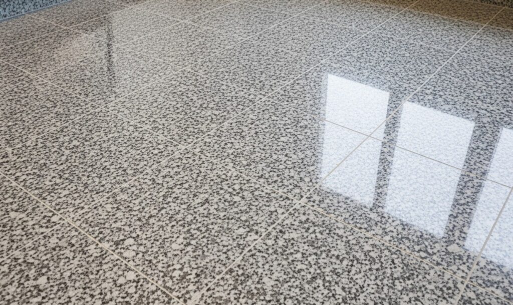 polished granite kitchen floor with speckled pattern - stone kitchen flooring