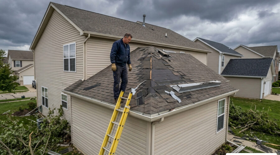 homeowner inspecting storm damage on roof