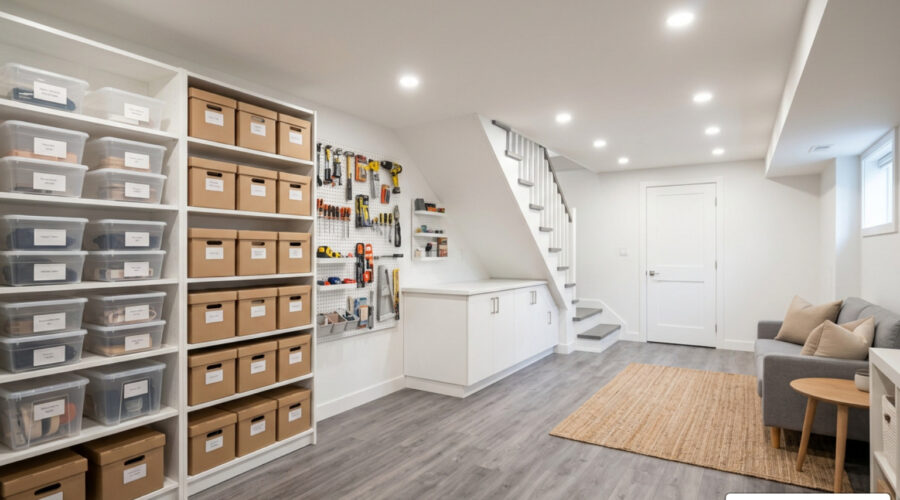 organized remodeled basement storage